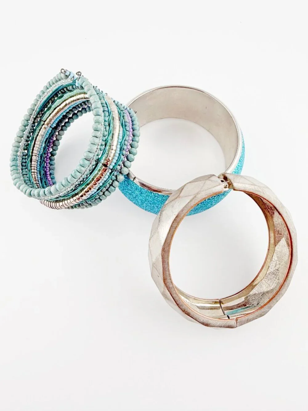 Boho Silver & Turquoise Bracelet Stack Set Beaded Cuff Sparkle Bangle Lot 3
